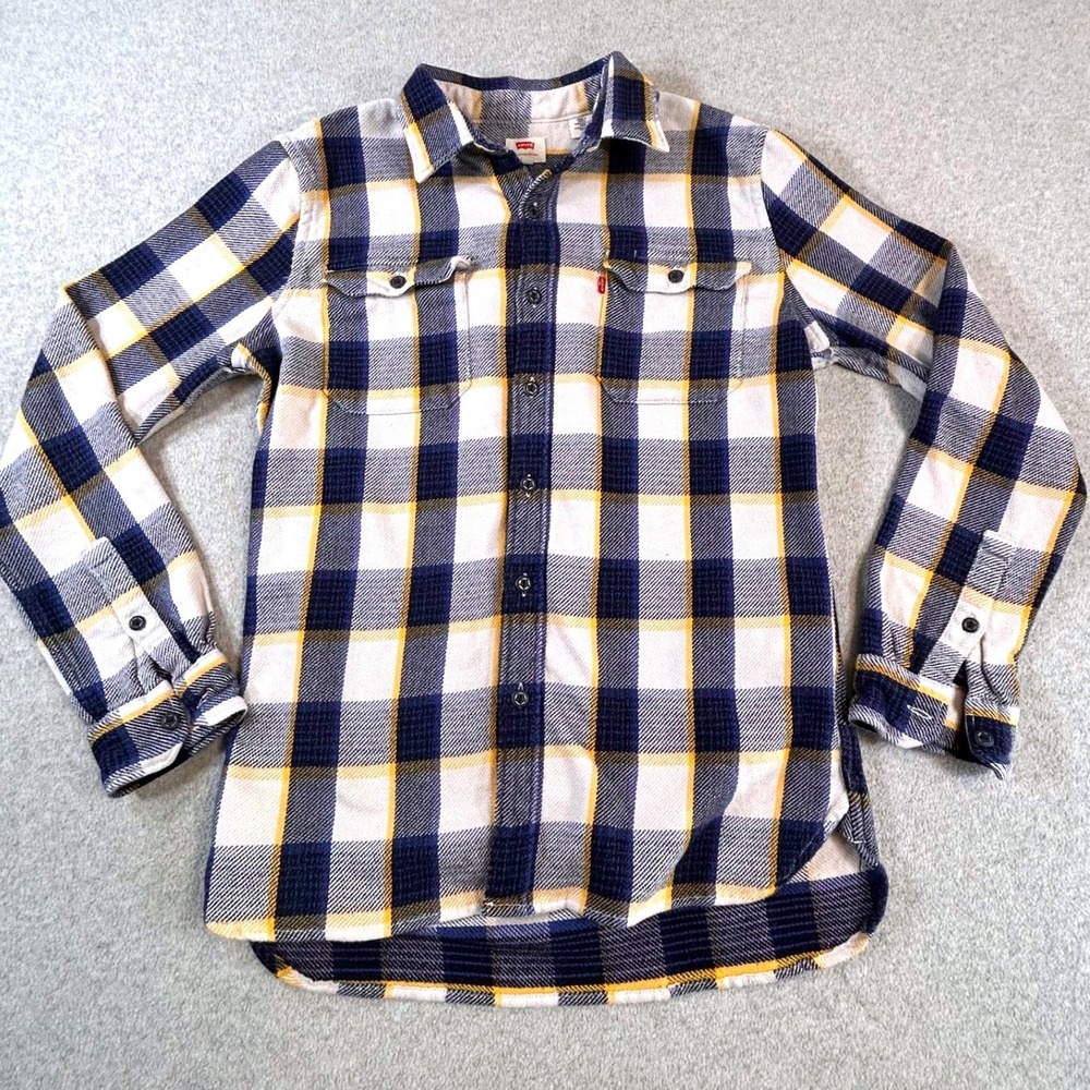 Levis Flannel Shirt Mens Medium Blue White Yellow Plaid Button Down Long Sleeve